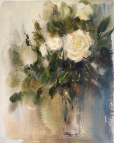 Painting titled "Rosas blancas" by Lydia Cuevas, Original Artwork, Watercolor