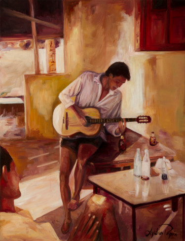 Painting titled "The Guitarist" by Lydia Pepin, Original Artwork, Oil