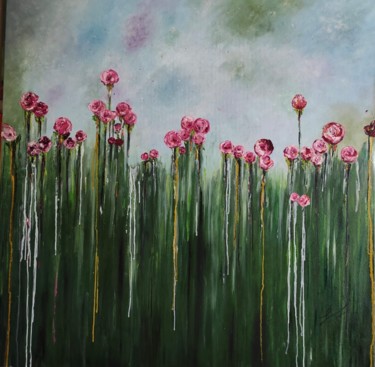 Peinture intitulée "Pluie de fleurs" par Lydia Troussier, Œuvre d'art originale, Huile