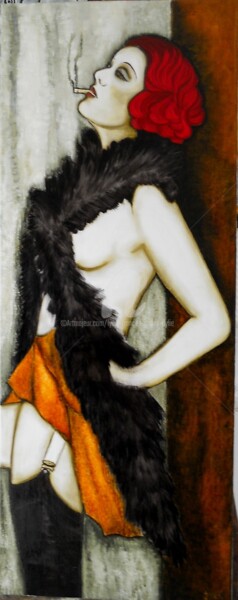 Ζωγραφική με τίτλο "femme-1930-au-boa-" από Lydie Frances-Ingles (dylie), Αυθεντικά έργα τέχνης, Λάδι