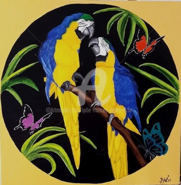 Painting titled "perroquets en plein…" by Lydie Frances-Ingles (dylie), Original Artwork, Acrylic
