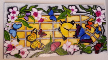 Painting titled "Papillons devant un…" by Lydie Frances-Ingles (dylie), Original Artwork, Oil