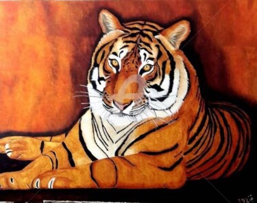 Painting titled "Tigre "MEVY"" by Lydie Frances-Ingles (dylie), Original Artwork, Oil Mounted on Wood Stretcher frame