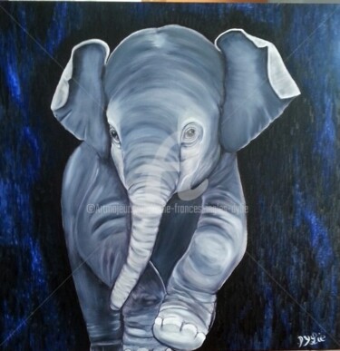 Painting titled "Elephanteau "l'Orph…" by Lydie Frances-Ingles (dylie), Original Artwork, Oil Mounted on Wood Stretcher frame