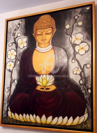 Painting titled "bouddha-qui-pleure" by Lydie Frances-Ingles (dylie), Original Artwork, Oil Mounted on Wood Panel