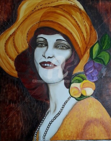 Painting titled "Jeune femme années…" by Lydie Frances-Ingles (dylie), Original Artwork, Oil Mounted on Wood Stretcher frame