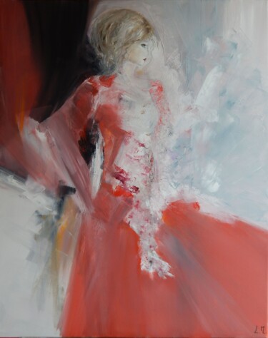 Painting titled "Elle en robe rouge" by Lydie Massou, Original Artwork, Oil Mounted on Wood Stretcher frame