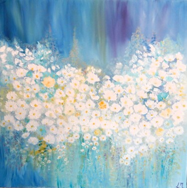 Painting titled "Parfum marguerites" by Lydie Massou, Original Artwork, Oil Mounted on Wood Stretcher frame