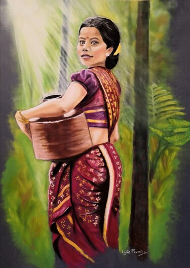 Malerei mit dem Titel "Belle du Sri Lanka" von Lydie Paumier, Original-Kunstwerk, Pastell