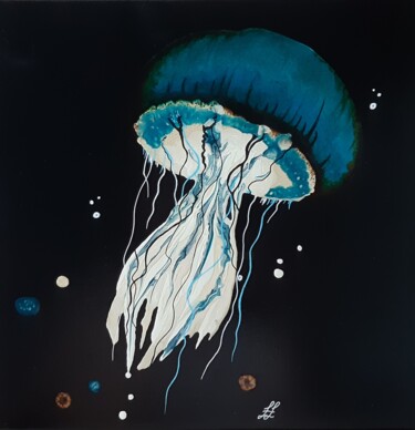 Pittura intitolato "Méduse sur fond noir" da Lydie Trichet, Opera d'arte originale, Pittura di vetro colorato Montato su Tel…