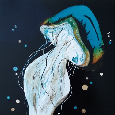 Pintura titulada "Méduse bleu vert" por Lydie Trichet, Obra de arte original, Vidrieras de pintura Montado en Bastidor de ca…