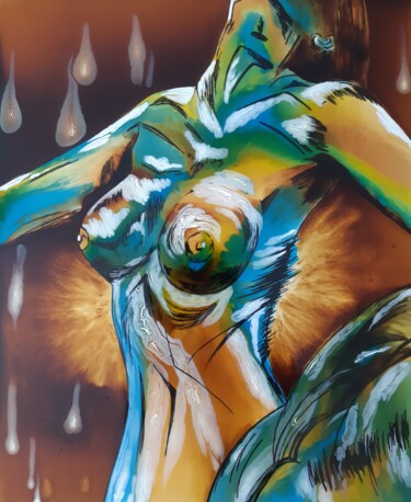 绘画 标题为“Cascade” 由Lydie Trichet, 原创艺术品, 彩绘玻璃 安装在木质担架架上