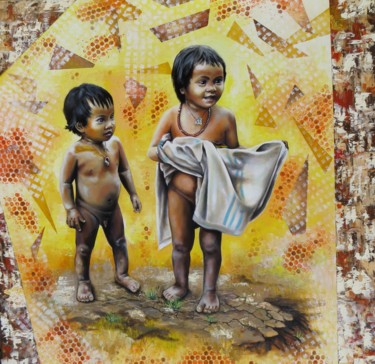 Peinture intitulée "enfants-du-laos" par Lydie Grandroques, Œuvre d'art originale, Huile