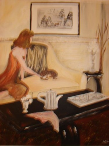 Peinture intitulée "elle et son chat" par Lyl, Œuvre d'art originale, Huile