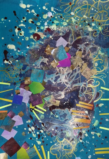 Collages intitulée "Dark Turquoise" par Lynda Stevens, Œuvre d'art originale, Collages