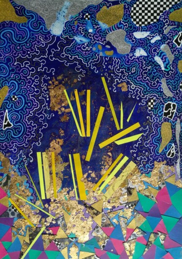 Collages intitolato "Yellowbars on midni…" da Lynda Stevens, Opera d'arte originale, Collages