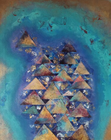 Collages getiteld "Triangles on turquo…" door Lynda Stevens, Origineel Kunstwerk, Collages