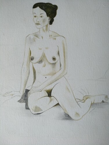 Dessin intitulée "Woman, sitting on s…" par Lynda Stevens, Œuvre d'art originale, Crayon