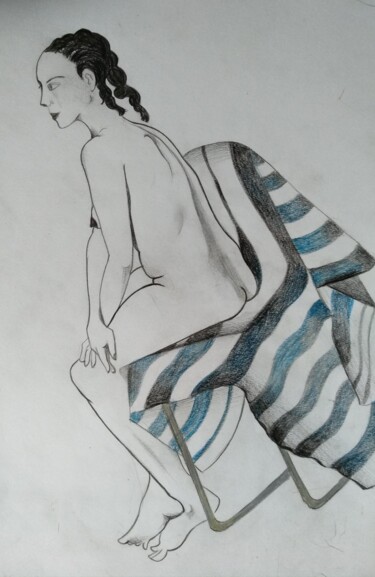 「Woman, sitting on s…」というタイトルの描画 Lynda Stevensによって, オリジナルのアートワーク, 鉛筆