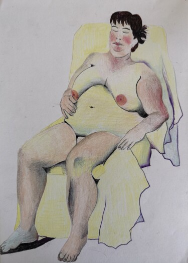 Dessin intitulée "Large woman, sitting" par Lynda Stevens, Œuvre d'art originale, Crayon