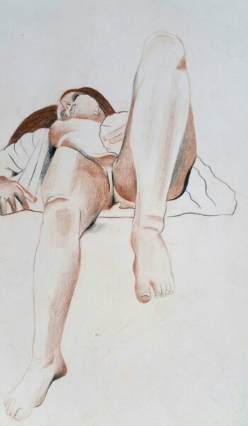 Disegno intitolato "Woman, reclining on…" da Lynda Stevens, Opera d'arte originale, Matita