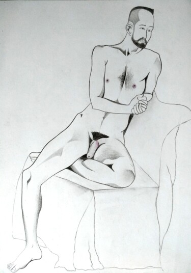 Dessin intitulée "Man, reclining on c…" par Lynda Stevens, Œuvre d'art originale, Crayon