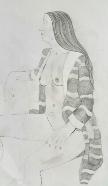 Drawing titled "Woman, sitting in d…" by Lynda Stevens, Original Artwork, Pencil