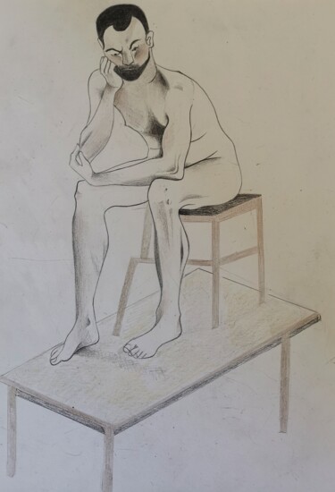 Zeichnungen mit dem Titel "Man sitting on plat…" von Lynda Stevens, Original-Kunstwerk, Bleistift