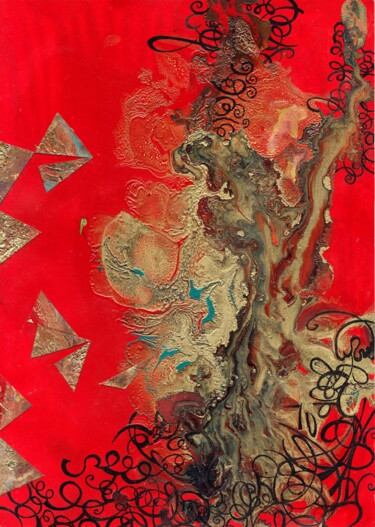 Collages titled "Gold stain on Red" by Lynda Stevens, Original Artwork, Collages