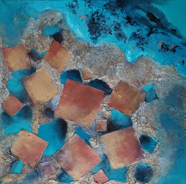 Collages getiteld "Squares on Blue Sur…" door Lynda Stevens, Origineel Kunstwerk, Collages
