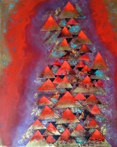 Collages intitulée "Fluorescent Red Tri…" par Lynda Stevens, Œuvre d'art originale, Collages