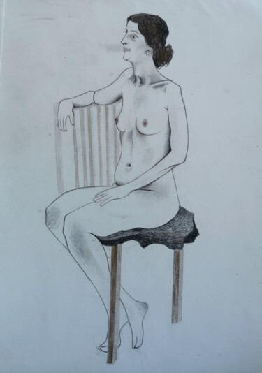 Картина под названием "Nude female, sitting" - Lynda Stevens, Подлинное произведение искусства, Карандаш