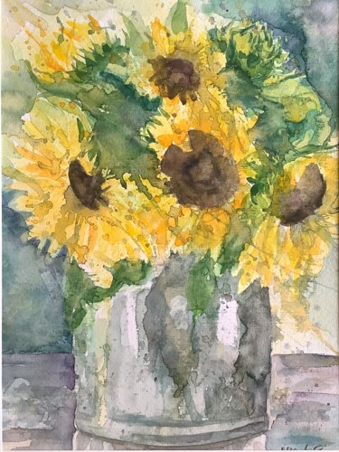 Schilderij getiteld "Sonnenblumen im Ton…" door Lyndwoorm, Origineel Kunstwerk, Aquarel