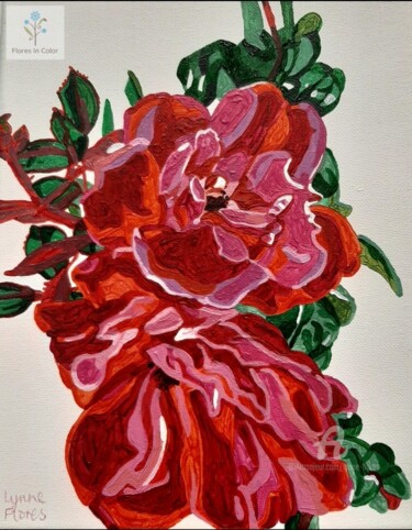 Schilderij getiteld "Two red China Roses" door Lynne Flores, Origineel Kunstwerk, Acryl