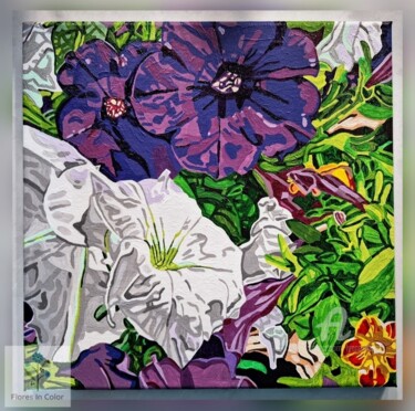 Schilderij getiteld "Petunias" door Lynne Flores, Origineel Kunstwerk, Acryl