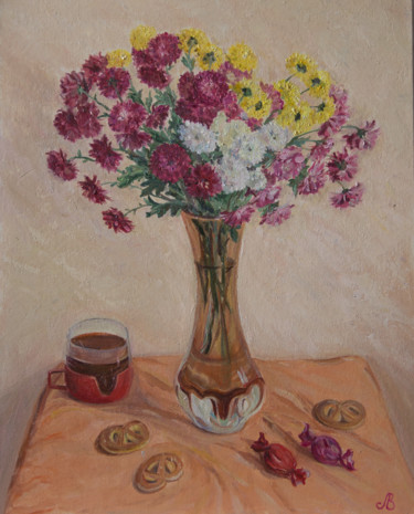 Painting titled "Цветочное чаепитие" by Liudmila Petrosian, Original Artwork, Oil