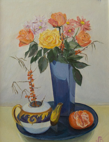Schilderij getiteld "Чайные розы" door Liudmila Petrosian, Origineel Kunstwerk, Olie