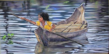 Peinture intitulée ""Mener sa barque"" par Lysiane Lagauzere, Œuvre d'art originale, Pastel
