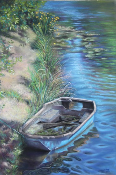 Peinture intitulée ""La barque délaissé…" par Lysiane Lagauzere, Œuvre d'art originale, Pastel