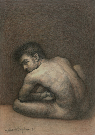 Disegno intitolato "Sitting male nude" da Lyubomir Naydenov, Opera d'arte originale