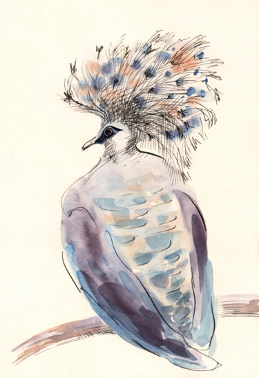 Картина под названием "Crowned pigeon" - Lyubov Fonareva, Подлинное произведение искусства, Акварель