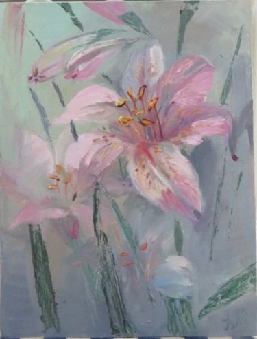 Schilderij getiteld "Pink on gray" door Lyudmila Aytuarova, Origineel Kunstwerk, Olie