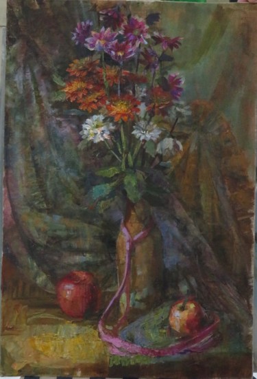 Ζωγραφική με τίτλο "Chrysanthemums at s…" από Lyudmila Aytuarova, Αυθεντικά έργα τέχνης, Λάδι