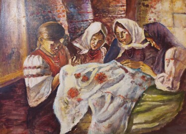 Painting titled "Вишивальницы" by Lyudmila Bashuk, Original Artwork, Oil Mounted on Cardboard