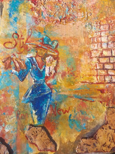 Schilderij getiteld "Дама с собачкой" door Lyudmila Bashuk, Origineel Kunstwerk, Encaustiek Gemonteerd op Karton