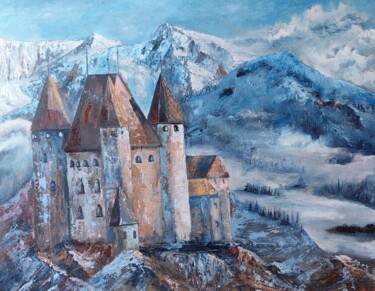 Painting titled "Швейцарія.  Тун." by Lyudmila Bashuk, Original Artwork, Oil Mounted on Cardboard