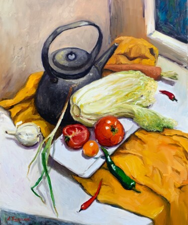 Картина под названием "На кухне" - Lyudmila Bezuglaya, Подлинное произведение искусства, Масло Установлен на Деревянная рама…