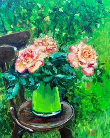 Картина под названием "Розы в саду" - Lyudmila Bezuglaya, Подлинное произведение искусства, Масло Установлен на Деревянная р…
