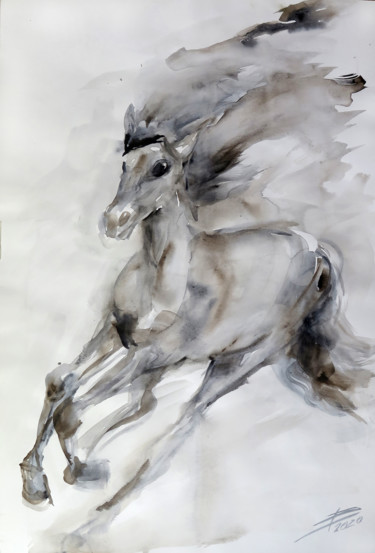 Schilderij getiteld "The horse is in mot…" door Lyudmila Chupina, Origineel Kunstwerk, Aquarel