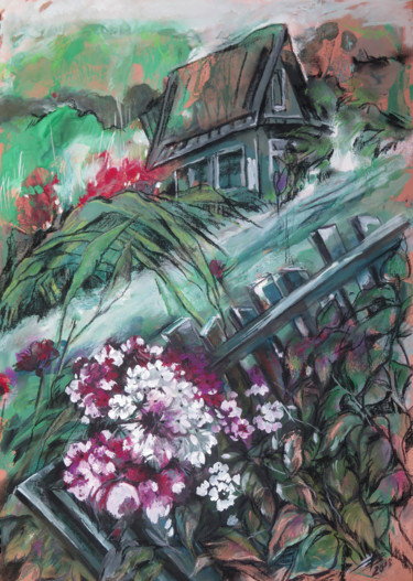 Painting titled "A village in flowers" by Lyudmila Chupina, Original Artwork, Pastel